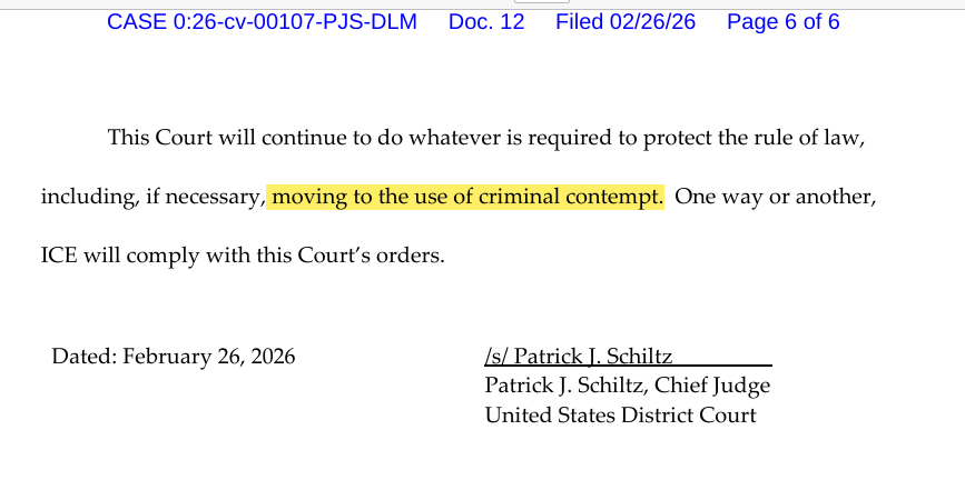 MN Chief Judge Patrick Schiltz, a donor to pro illegal immigration causes now overseeing judicial side of Operation Metro Surge, is again threatening to hold Trump officials in criminal contempt for allegedly violating court orders.

Let's take a look at some of his examples...