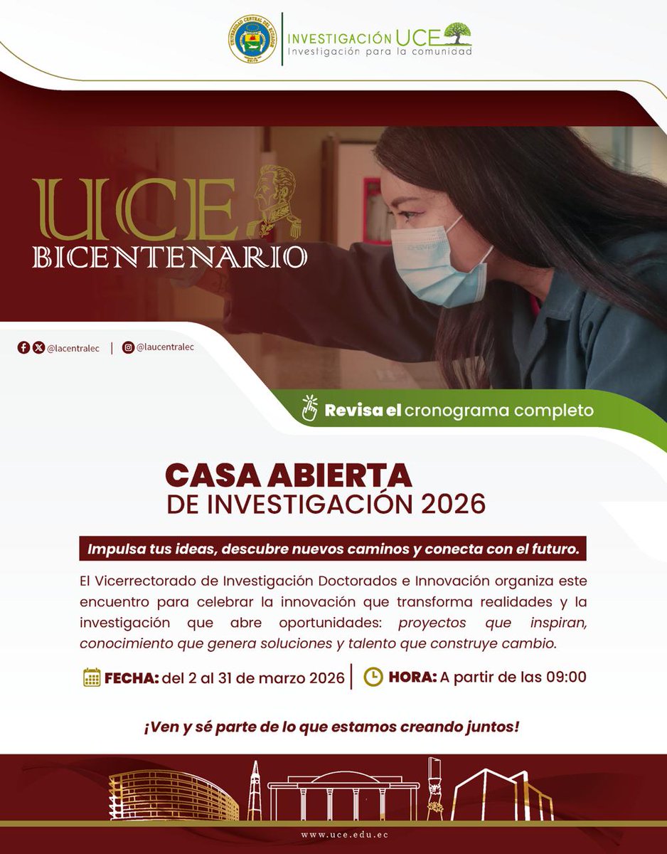 lacentralec's tweet photo. #CasaAbierta 

🔬✨  El Vicerrectorado de Investigación, Doctorados e Innovación, invita a participar en la 𝐂𝐚𝐬𝐚 𝐀𝐛𝐢𝐞𝐫𝐭𝐚 𝐝𝐞 𝐈𝐧𝐯𝐞𝐬𝐭𝐢𝐠𝐚𝐜𝐢𝐨́𝐧 𝟐𝟎𝟐𝟔, donde las ideas toman forma y el conocimiento se convierte en futuro.

Del 2 al 31 de marzo, 
 09h00, https://t.co/GPT3NF36mh