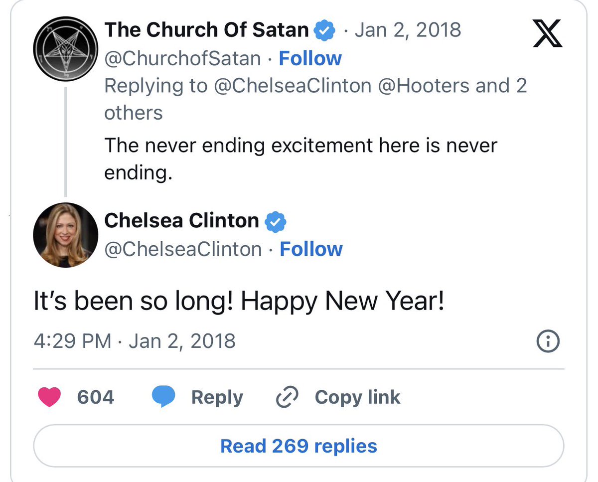 Remember back in 2018 when Chelsea Clinton wished the Church of Satan a happy new year?

And the media tried to call us crazy for being disturbed by it?

Hits a little different now that the Epstein Files proved the elites engage in occult satanism and do bad things to children.