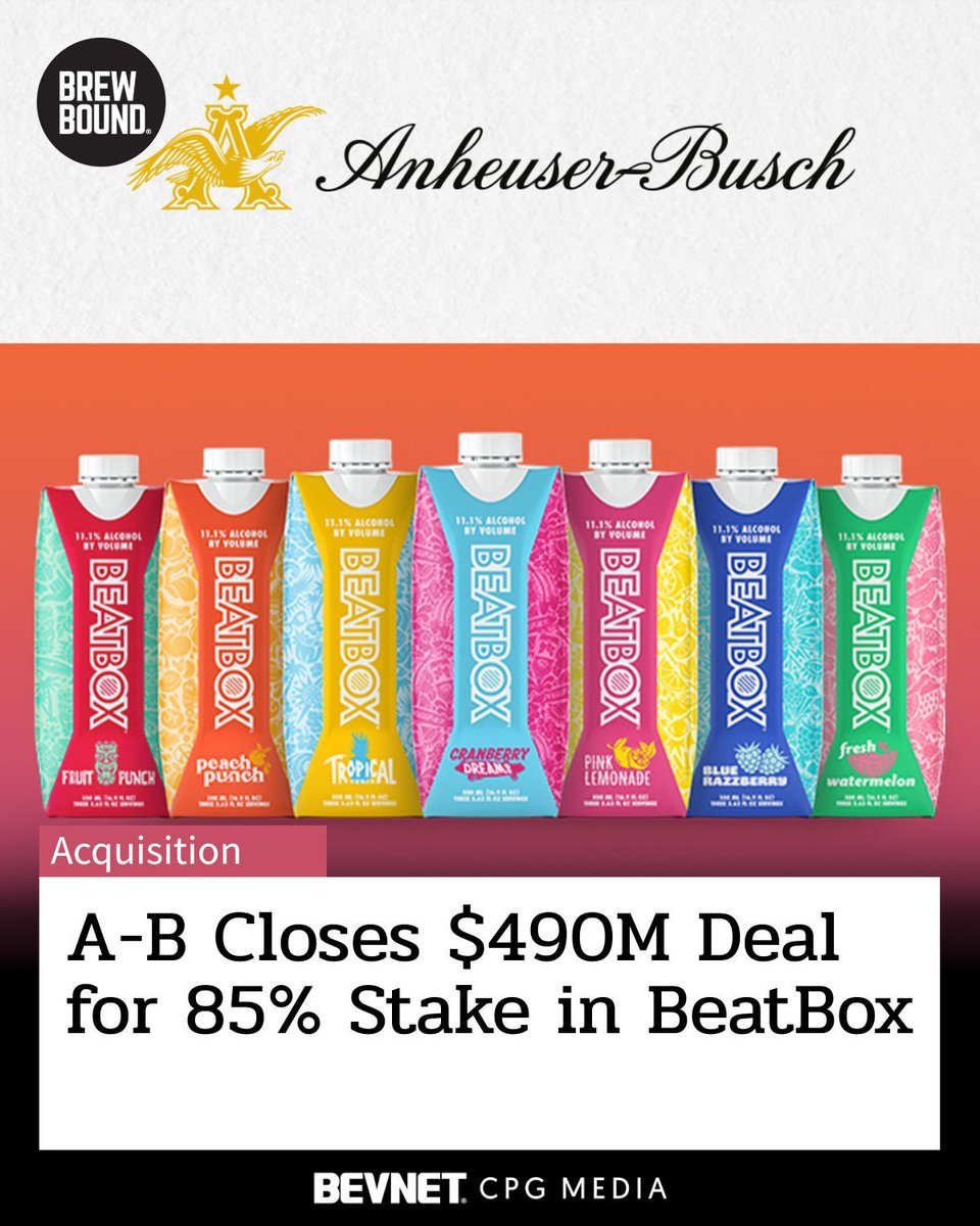 Brewbound's tweet photo. Anheuser-Busch has closed its $490M deal for an 85% stake in BeatBox, with plans for full ownership in five years. 🍻 The move makes A-B the No. 3 hard beverage supplier and boosts its share in high-ABV flavored alcohol. 📈

https://t.co/0Wr6DlXvSm https://t.co/zPyriMU48g