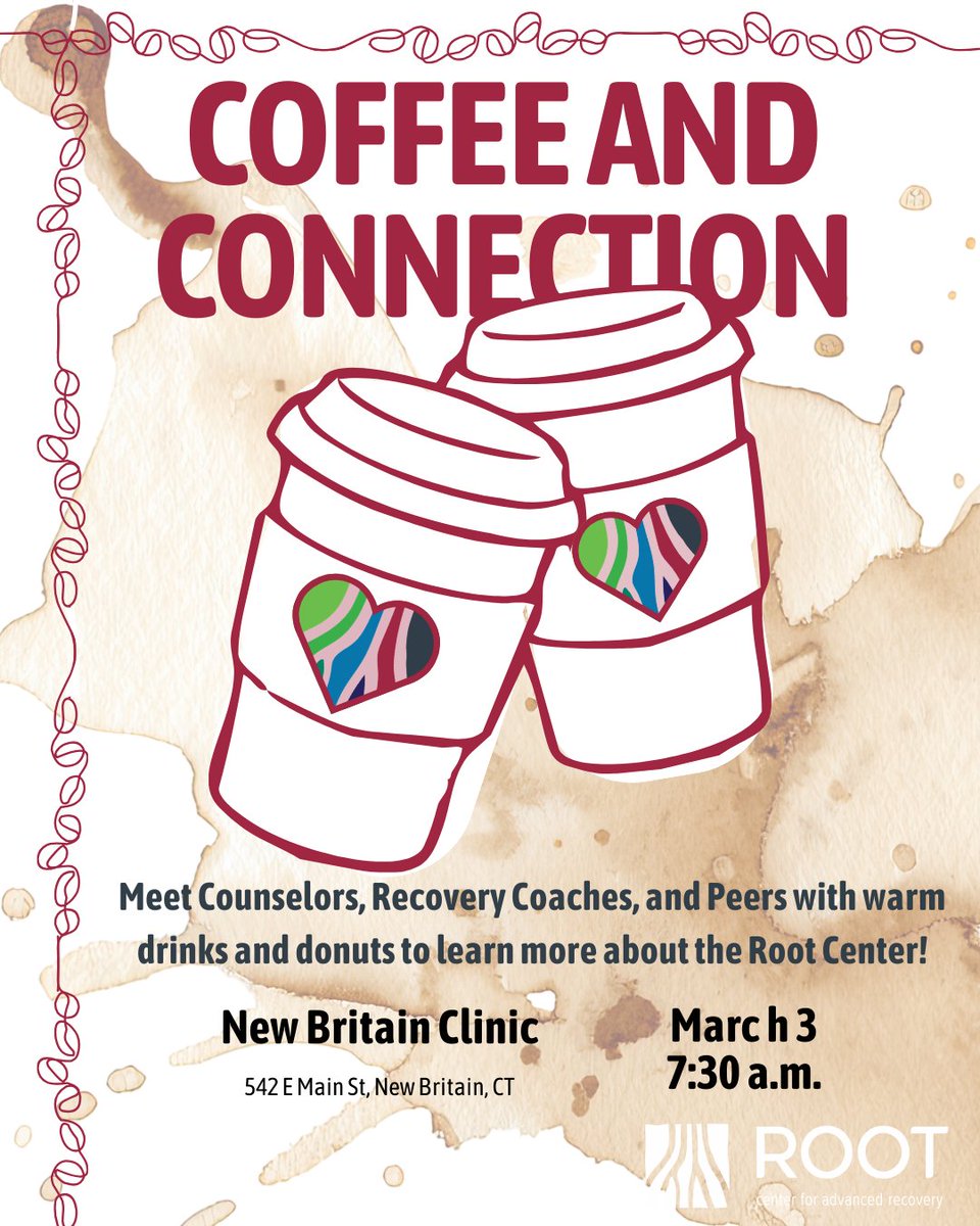 Our New Britain Clinic is hosting a casual coffee hour for patients to meet counselors, recovery coaches, and peers over coffee and donuts! Join us next Tuesday for this free and social hang out with our lovely New Britain Staff!

#coffeehour #meetandgreet #wedorecover