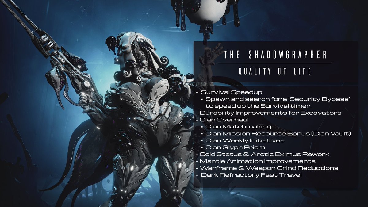 PlayWarframe's tweet photo. New quality-of-life changes are coming to #Warframe.

In addition to a Survival Speed-up, we have a Cold Status and Arctic Eximus Rework, as well as improvements to mantling for ease of movement. https://t.co/2GOPHrUbtE