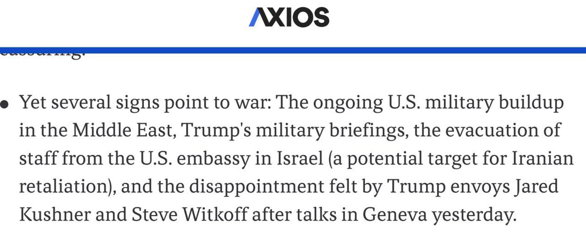 ⚡🇺🇸🇨🇭🦀آکسیوس:ناامیدی فرستادگان پرزیدنت ترامپ پس از مذاکرات ژنو/بر اساس گزارش رسانه آکسیوس، جرد کوشنر و استیو ویتکوف از فرستادگان پرزیدنت ترامپ پس از مذاکرات روز گذشته در ژنو دچار احساس ناامیدی شده‌اند؛ این گزارش می‌افزاید فضای گفت‌وگوها درباره پرونده رژیم تروریستی جمهوری اسلامی