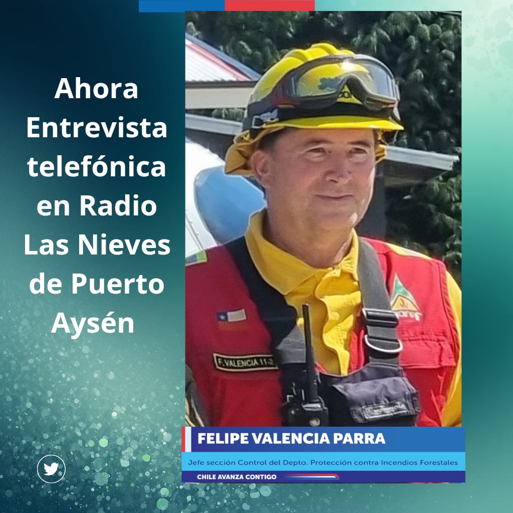 conaf_aysen's tweet photo. 📍 27-02-2026 - 17:10  Entrevista
Javier Gallardo de @radiolasnieves conversa con Felipe Valencia, jefe sección Control de Incendios Forestales, sobre el desarrollo de la temporada de #IncendiosForestales en la región de #Aysén. 🔥🌲 https://t.co/5MV6UAkR4W