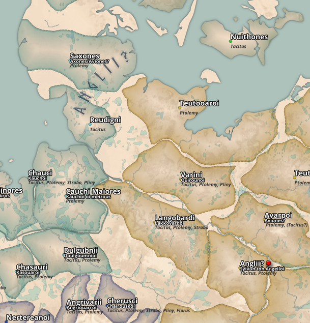 Localisation:  
Starting off, i will first cover what will be the most controversial part, as it is concerning the linguistic ancestry of the majorty of modern germanic speakers.  

The Anglii and Saxones.