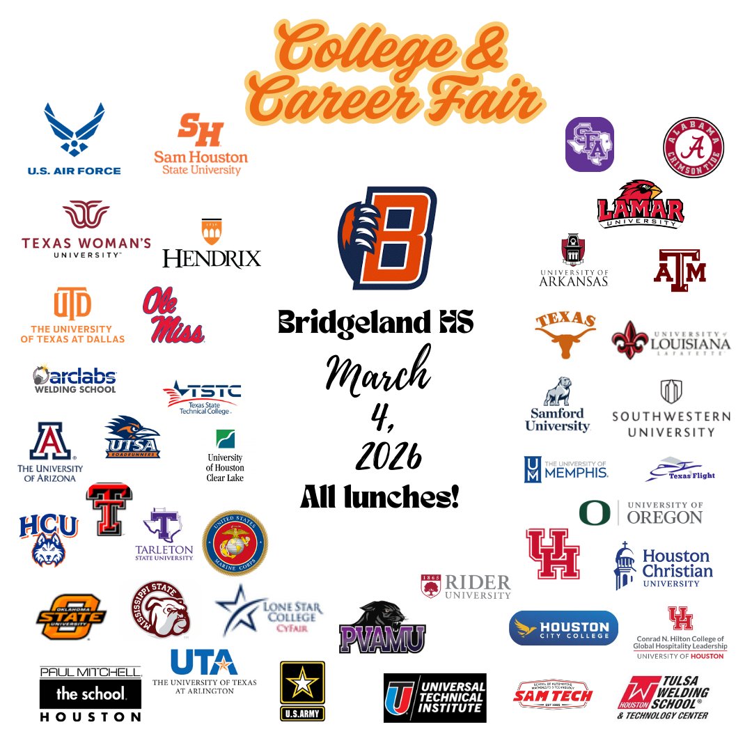 BridgelandCCS's tweet image. Hey Bears! Check out the many colleges who will be attending our college fair during all lunches on Wednesday, March 4th. Be sure to access the link in your "Class Of..." Schoology group for a list of questions to ask at a college fair. #GoBears #CollegeBound #FutureFocused