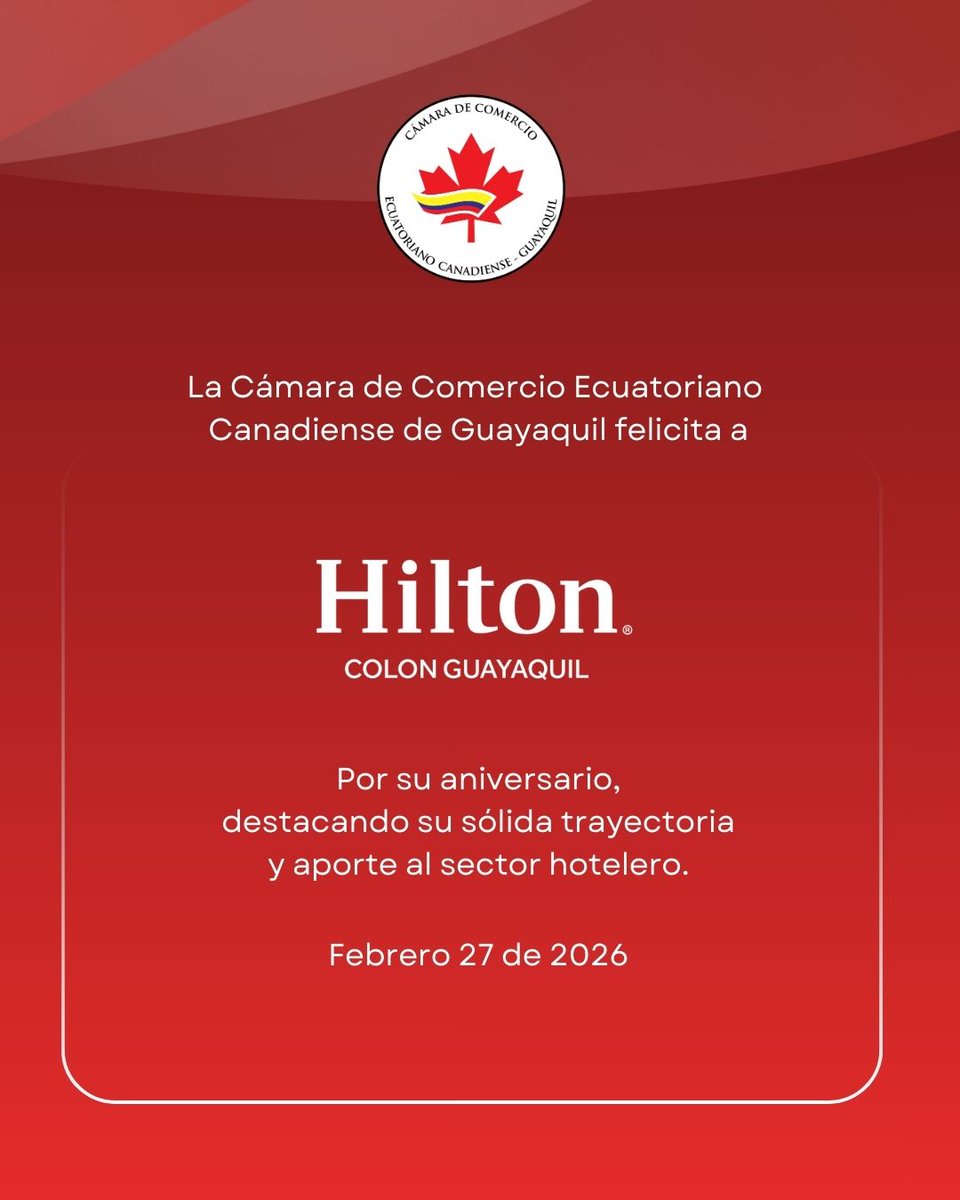 🎉En su aniversario, extendemos un cordial saludo a nuestro #SocioCCECG <a href="/HiltonColon_gye/">Hilton Colón Guayaquil</a>  

Reconocemos su destacada trayectoria y su permanente compromiso con la excelencia, consolidándose como referente del sector hotelero.  ¡Felicitaciones! 

<a href="/Gabriel_Rovayo/">Gabriel Rovayo, PhD</a>