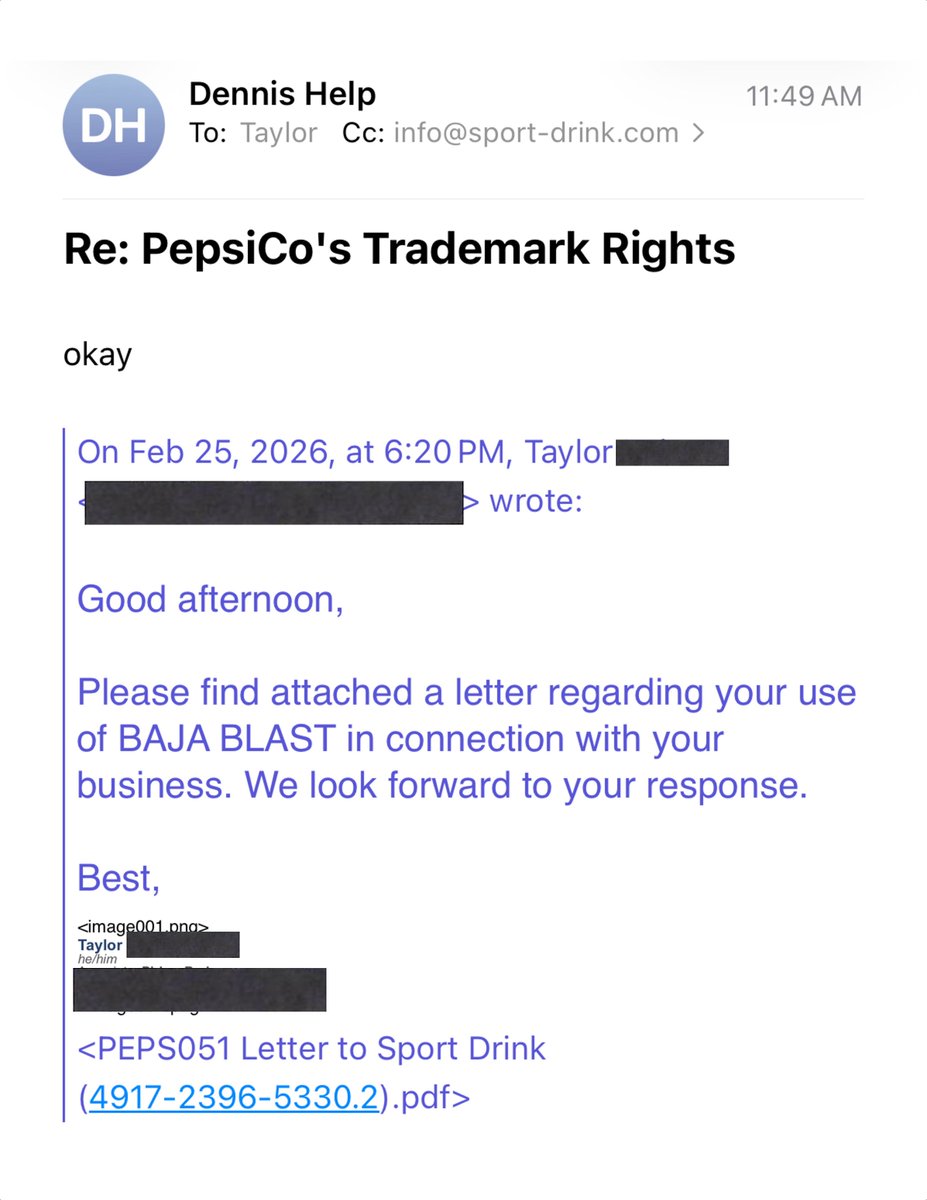OFFICIAL SPORT DRINK RESPONSE TO PEPSICO’S LEGAL TEAM