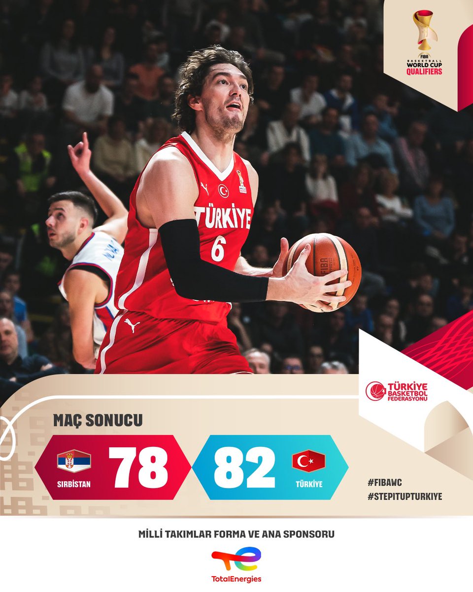 DEPLASMANDAN GALİBİYETLE DÖNÜYORUZ! 🇹🇷

A Erkek Milli Takımımız, FIBA 2027 Basketbol Dünya Kupası Elemeleri C Grubu üçüncü maçında deplasmanda Sırbistan'ı 82-78 mağlup ederek 3'te 3 yapıyor.

🇷🇸 Sırbistan 78-82 Türkiye 🇹🇷

<a href="/te_istasyonlari/">TotalEnergies İstasyonları</a> 

#BizBirlikteyiz

#FIBAWC x