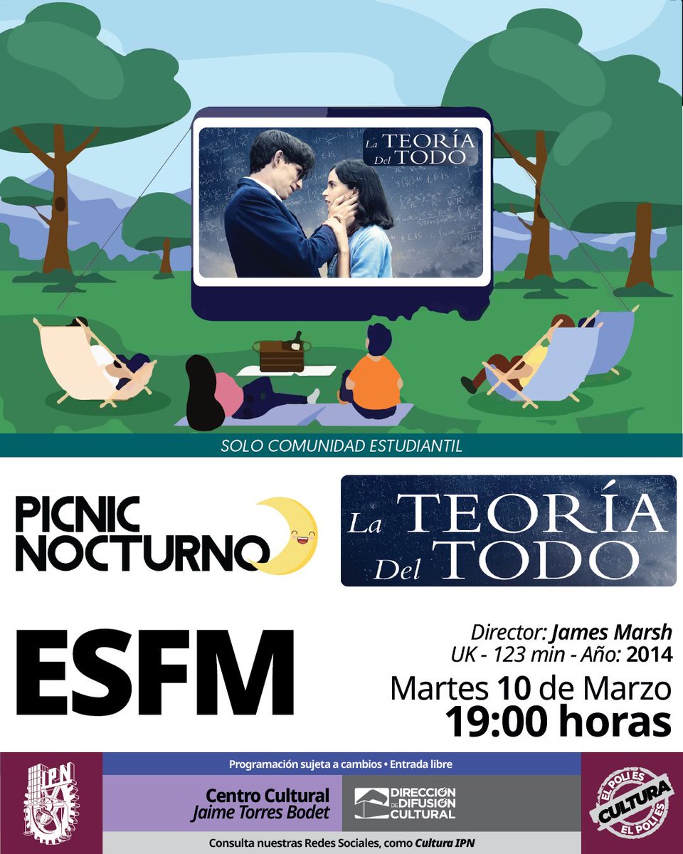 #CineEnElQueso Marzo 2026. "La teoría del todo" (2014). #PicnicNocturnoDDC.

📅 Martes 10 de marzo. ⏰ 19:00 horas.📍#ESFM. 🎟️ #EntradaLibre. 👥 Solo comunidad estudiantil del <a href="/IPN_MX/">IPN</a>.

<a href="/sse_ipn/">Secretaría de Servicios Educativos IPN</a>.
#ElPoliEsCultura.