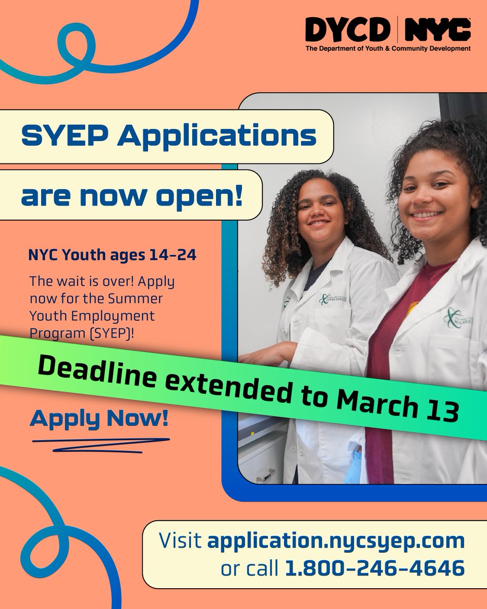 SesameFlyers's tweet photo. Good news for the procrastinators! The deadline to apply for @NYCYouth SYEP2026 has been extended to March 13! https://t.co/rxzZcrhlWd Don't wait til it's too late ⏰💰💵💸 https://t.co/7bA3mZunsO
