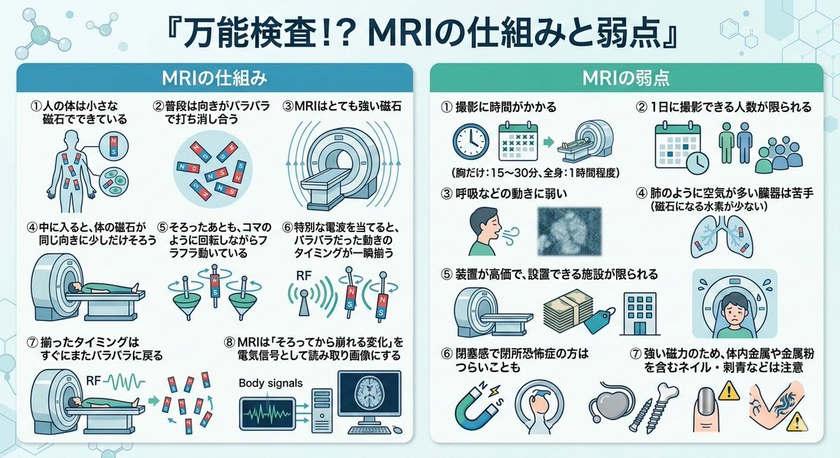 【#乳がん1分知識】#83

『万能検査！？MRIの仕組みと弱点』

乳がん治療では、
乳房内の広がりや脳転移の評価で行うことが多いMRI検査。

CTより細かく見え、
放射線を使わないため被曝もありません。

一見“万能”に見える検査ですが、
実はいくつか弱点があるんです。