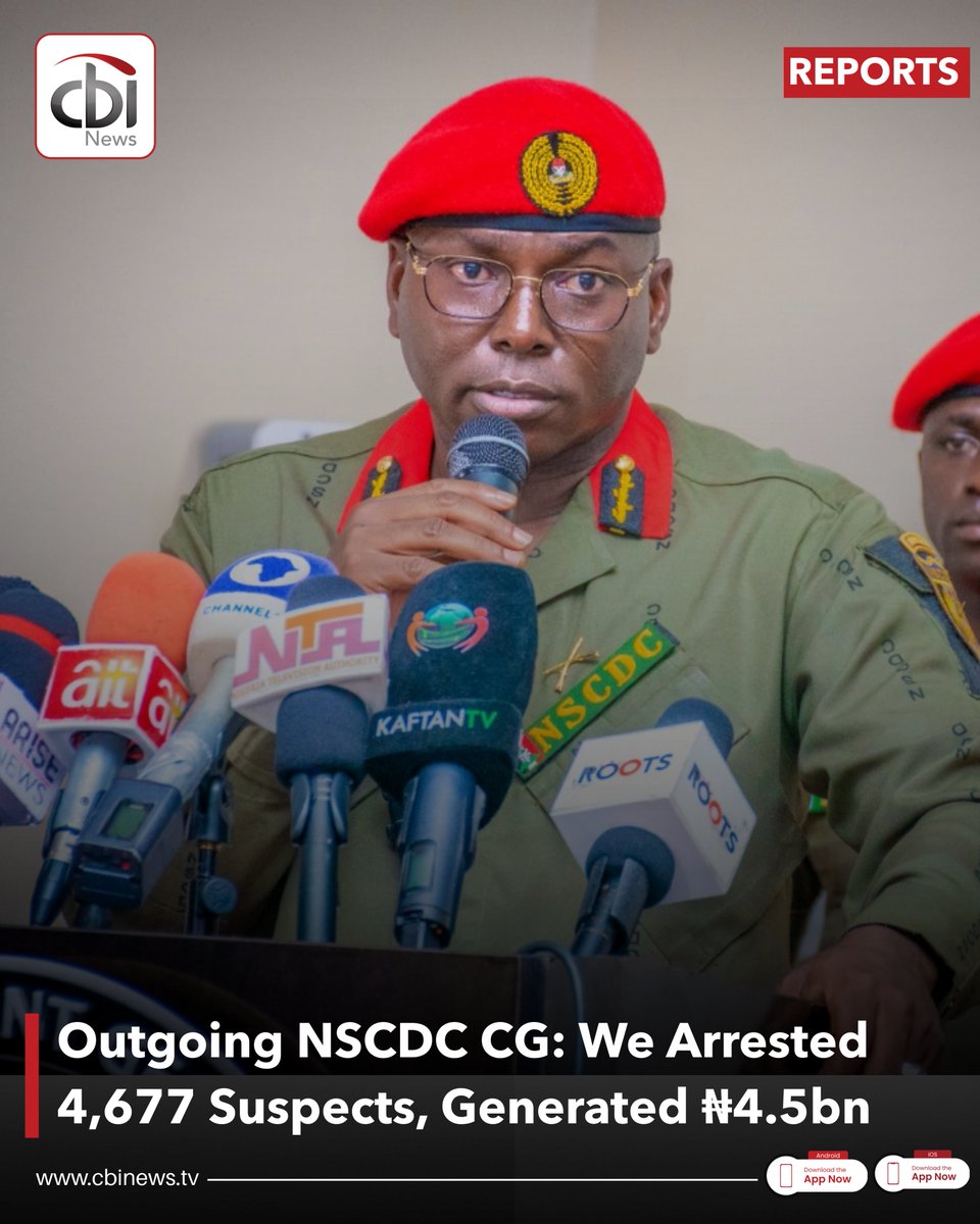 cbinewstv's tweet photo. Outgoing NSCDC CG: We Arrested 4,677 Suspects, Generated ₦4.5bn

Outgoing NSCDC Commandant General Ahmed Audi says the Nigeria Security and Civil Defence Corps recorded major gains under his leadership, including 4,677 arrests, 638 convictions and over ₦4.4bn remitted to the government between March 2021 and 2026. Speaking at his pull-out ceremony in Abuja, he highlighted the destruction of 283 illegal refineries, prosecution of 2,039 cases, registration and regulation of thousands of Private Guard Companies, and the training of over 15,000 security guards nationwide.

Audi also celebrated the establishment of the female special squad trained by the Nigerian Army, noting that the unit has foiled more than 48 attempted school kidnappings. He added that the Corps strengthened its Agro-Rangers to protect farmers and farmlands across the country. Appointed in 2021 by former President Muhammadu Buhari, Audi bows out at age 60, with his successor yet to be announced.

#CBINewsTV #NigeriaNews #SecurityUpdates #NSCDC #PublicSafety