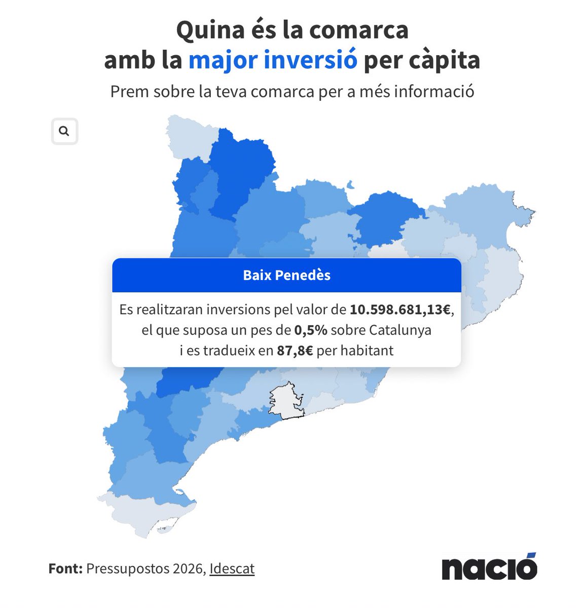 🤪El Baix Penedès en aquest mapa té un color blanc nuclear. 

⚪️Ès blanc perquè és la comarca on menys inverteix el <a href="/govern/">Govern de Catalunya</a>.

👉🏻Amb el President Torra erem la última comarca, amb el President Aragonès també,amb el President Illa també la última‼️

❌El Baix Penedes NO existeix