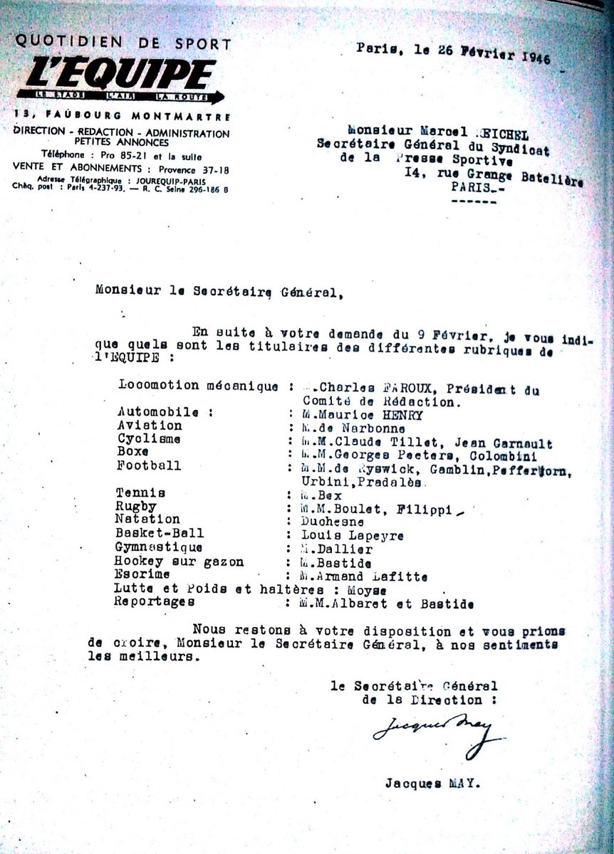 rojastorrijos's tweet photo. El 28 de febrero de 1946, hace 80 años, nació @lequipe. Dos días antes se enviaba esta carta al secretario general del Sindicato de la Prensa Deportiva francesa para anunciar el lanzamiento del rotativo e informar de la relación de periodistas pioneros de aquella redacción https://t.co/RUYdpL6J3P
