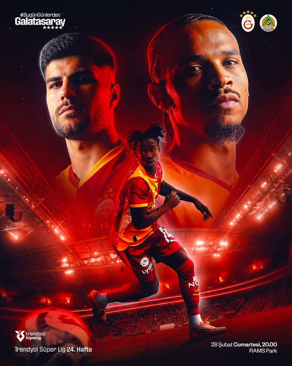 #BugünGünlerdenGALATASARAY 💪

🏆 Trendyol Süper Lig 2025-2026 Mehmet Ali Yılmaz Sezonu
🗓️ 24. Hafta
⚽ C. Alanyaspor
📆 28.02.2026
⏰ 20.00
🏟️ Ali Sami Yen Spor Kompleksi RAMS Park
📲 #GSvALN