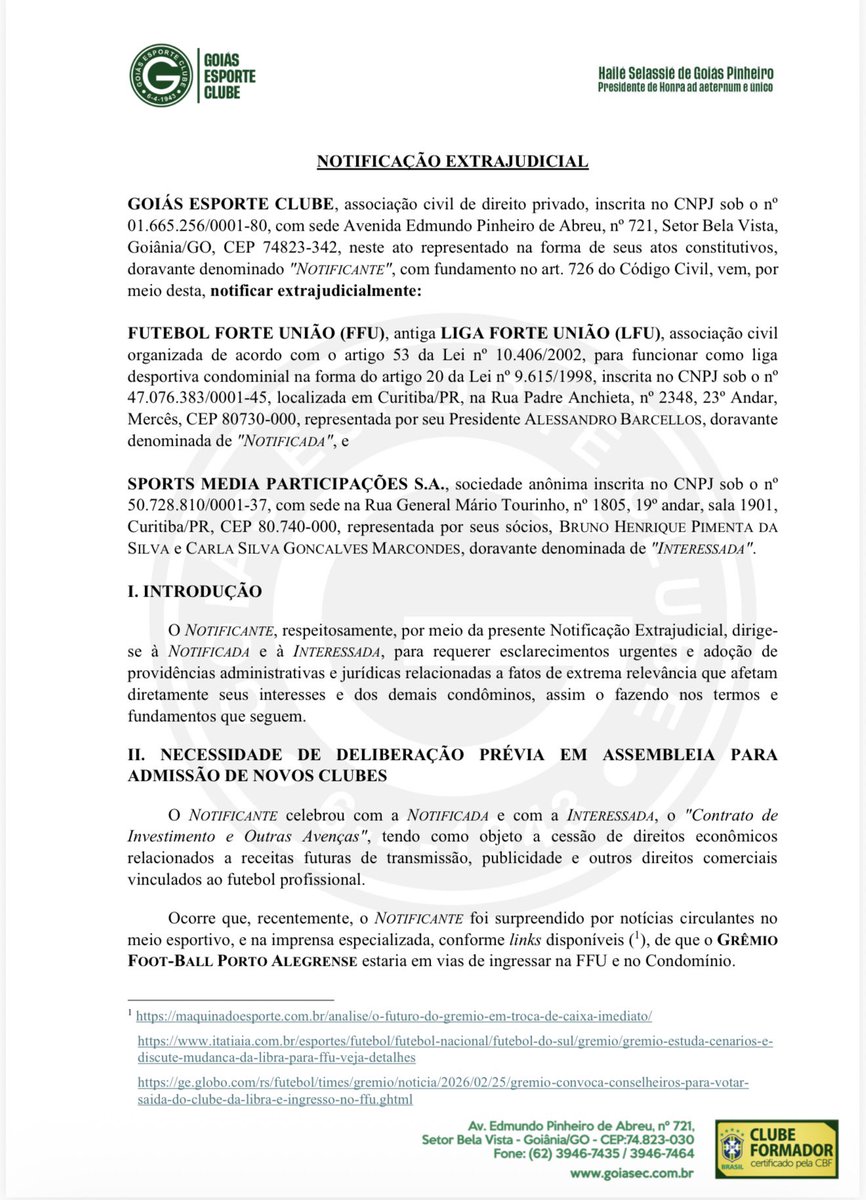 futebol_info's tweet photo. ⚠️ Agora! Goiás envia notificação extrajudicial à FFU (Futebol Forte União) se opondo à entrada do Grêmio sem que haja uma discussão no bloco.

Uma das preocupações do Esmeraldino é entender como ficaria a divisão do dinheiro.

O Goiás também quer saber "se o Grêmio terá os mesmos privilégios concedidos a Internacional, Fortaleza, Fluminense, Vasco e Athletico-PR".
