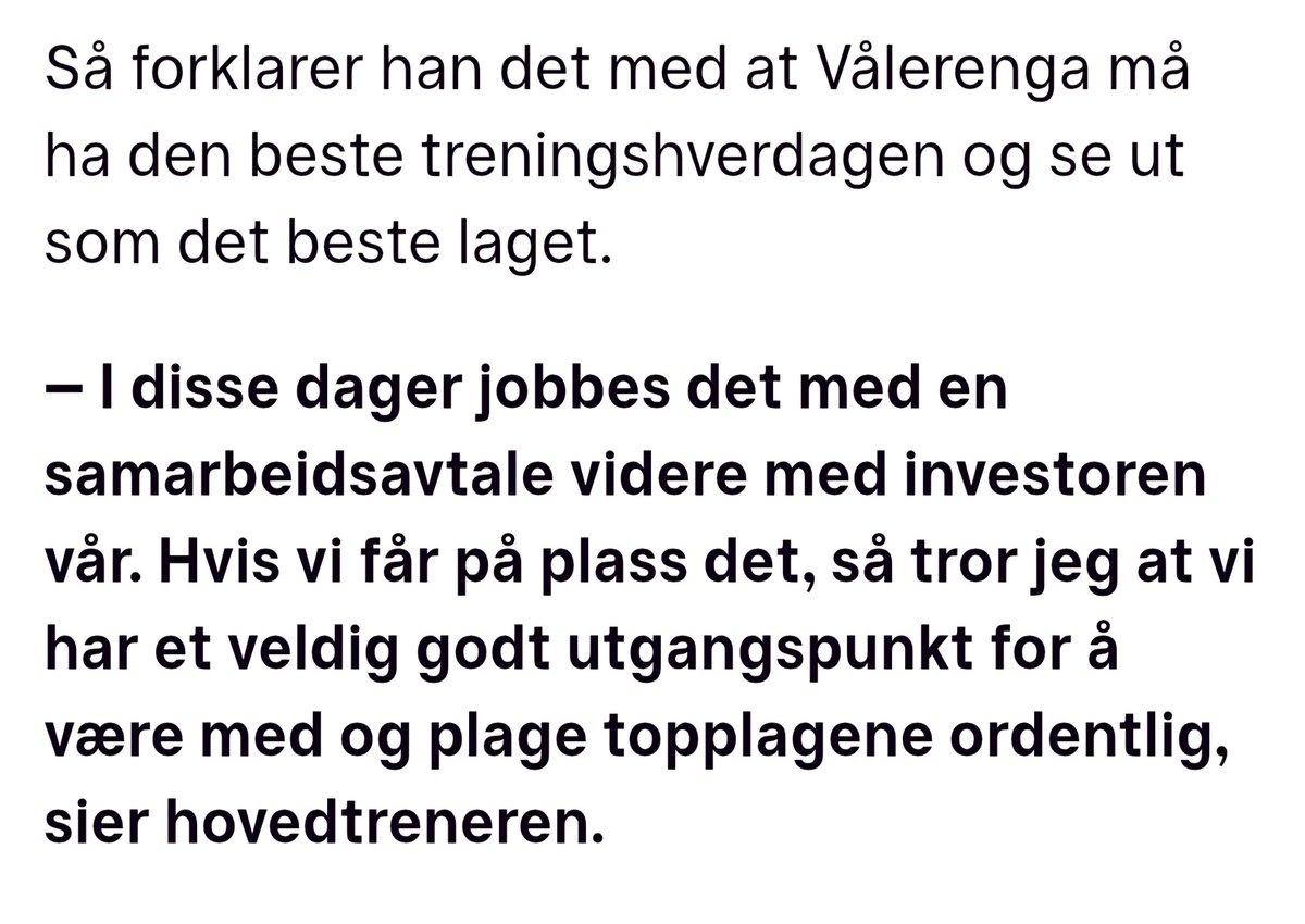 Her prates det om at det jobbes med en ny avtale med Trøim. Trodde vi endelig skulle bli kvitt fyren etter 28 og prøve å få til noe på egenhånd uten pengedoping? Nå må vi ikke bli utålmodige på suksess og heller ta den tida det tar å gjøre det på egenhånd!
tv2.no/sport/valereng…