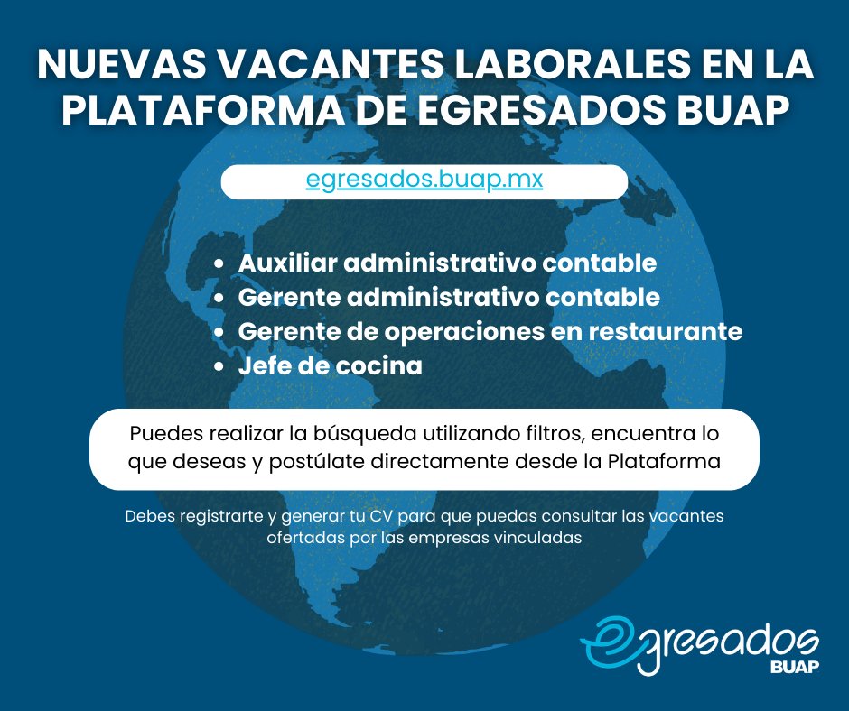 📣 Atención Egresados titulados!! Éstas son las vacantes que las empresas vinculadas acaban de cargar en la Plataforma.

Si aún no te registras, ¡hazlo ahora! 💻 egresados.buap.mx