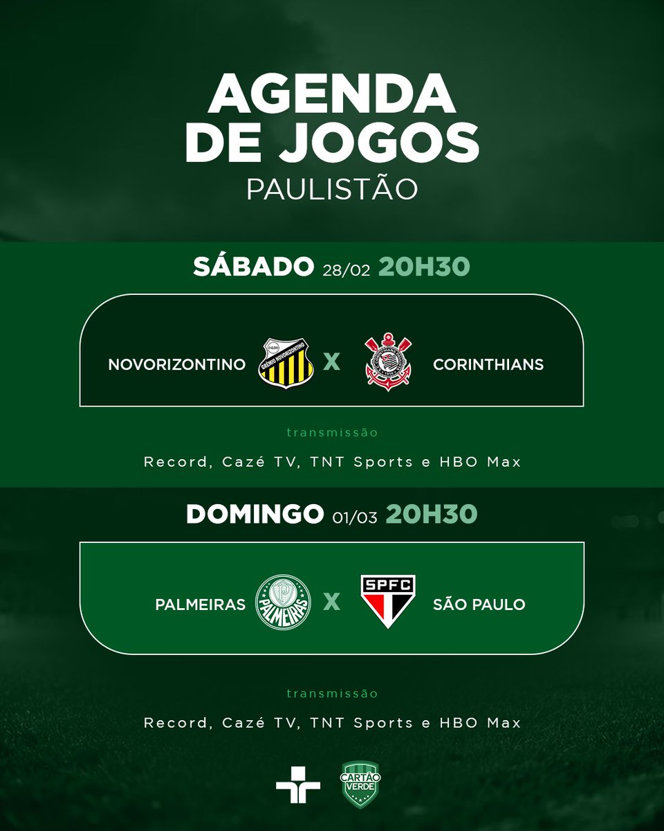 É JOGO DECISIVO QUE VOCÊ QUER?! 🔥

Então se prepara! Neste fim de semana acontecem as duas semifinais do #Paulistão, valendo vaga na grande final! E o #CartãoVerde traz todos os detalhes sobre onde assistir a cada confronto! 📺