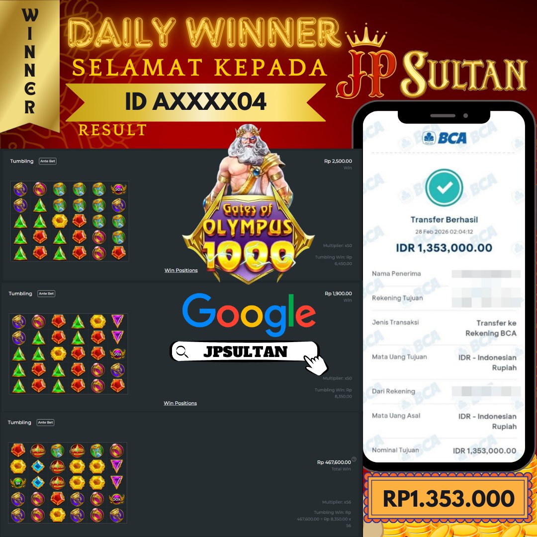 jpsultanid's tweet photo. 🎯𝗗𝗔𝗜𝗟𝗬 𝗪𝗜𝗡𝗡𝗘𝗥🎯

🎉𝗦𝗘𝗟𝗔𝗠𝗔𝗧 𝗞𝗘𝗣𝗔𝗗𝗔 𝗜𝗗: axxxx04🎉

Selamat atas kemenangan yang anda raih di website 𝗝𝗣𝗦𝗨𝗟𝗧𝗔𝗡. Semoga hasil dari kemenangan anda bisa bermanfaat dan menjadi inspirasi bagi semua member kami BossKu🙏

#jpsultan #dailywinner https://t.co/U4AJCYYTfw