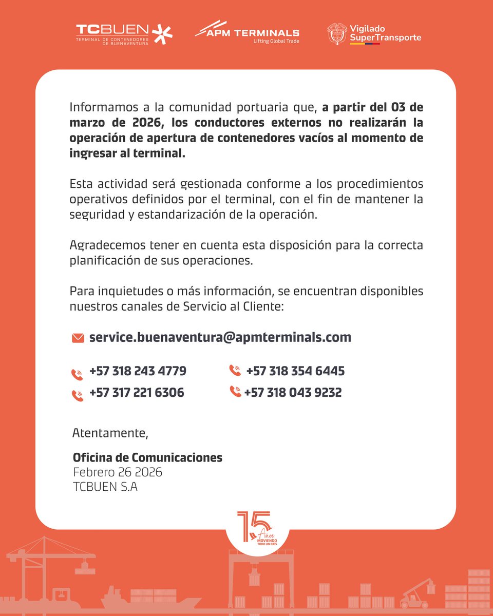 Como resultado de las acciones adelantadas por el <a href="/MinTransporteCo/">MinTransporte</a> y la <a href="/Supertransporte/">SuperTransporte 🇨🇴</a> para fortalecer las operaciones logísticas en Buenaventura, se gestionó que a partir del martes 3 de febrero, la apertura de contenedores vacíos será realizada directamente por TCBuen, para