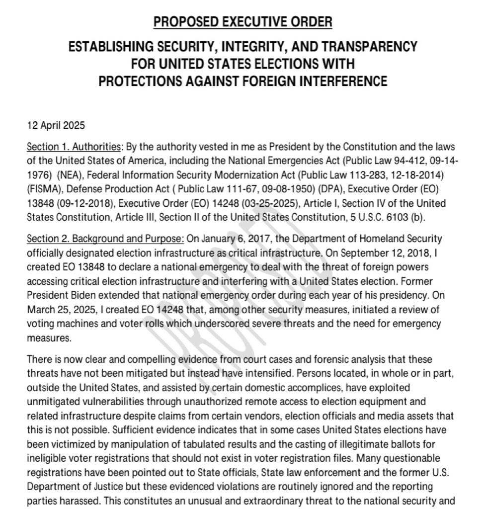 TheMaineWonk's tweet photo. 🚨🚨 BREAKING: @DemocracyDocket obtained a FULL DRAFT of UNCONSTITUTIONAL Executive Order being circulated by White House and MAGA influencers that would allow Trump to take unprecedented control over voting.

READ: https://t.co/7rONmitbhE https://t.co/75i1WPSeyC