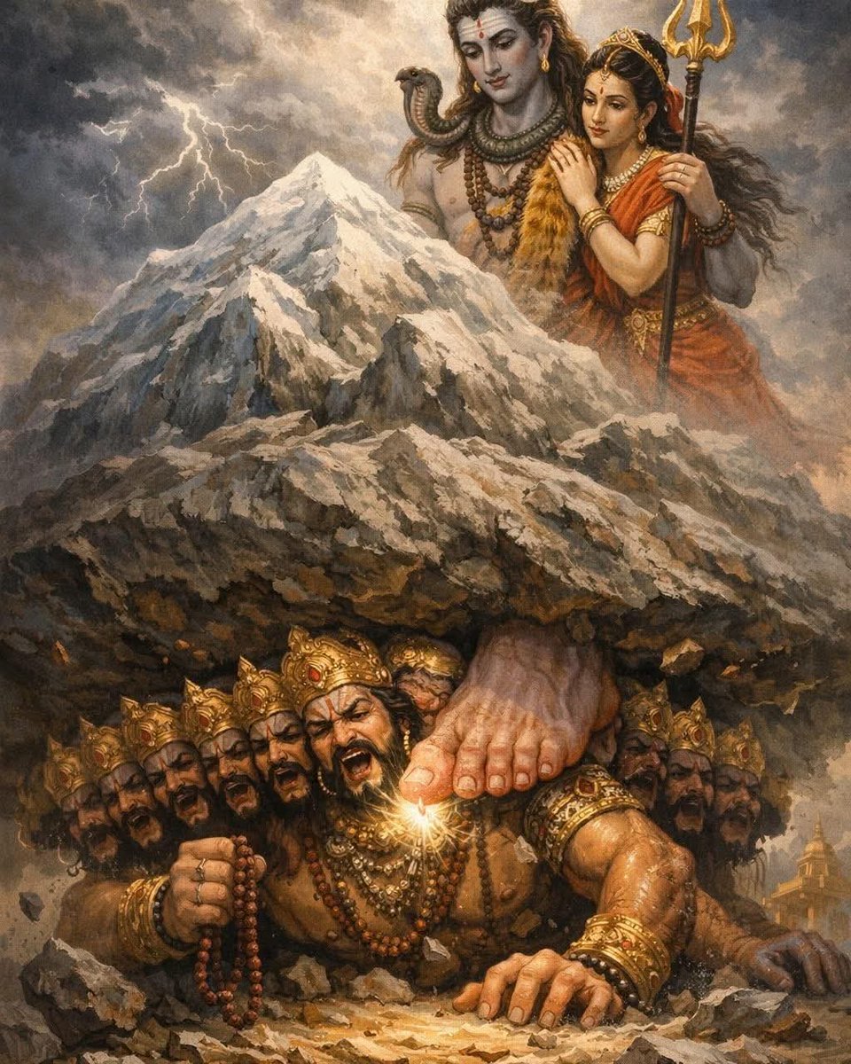 जब शक्ति घमंड बन जाए, तो विनाश तय होता है…
दशानन रावण अपनी अपार ताकत पर इतना इतराया कि उसने सोच लिया —
“मैं खुद कैलाश पर्वत उठाकर महादेव को लंका ले जाऊँगा!”

जैसे ही उसने कैलाश को उठाया, ब्रह्मांड हिल उठा, दिशाएँ कांपने लगीं, और माता पार्वती भी चौंक उठीं।
पर महादेव… शांत,