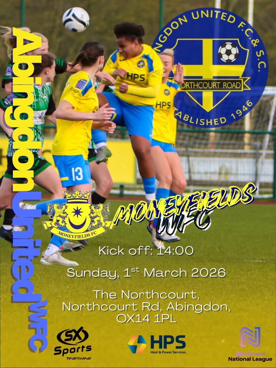 Abingdon United WFC host to <a href="/MoneysFCWomen/">Moneyfields FC Women</a> in the <a href="/FAWNL/">FA Women's National League</a> on Sunday

Below is the information for the game
⏰14:00 KO
🏟 The Northcourt, Northcourt Rd, Abingdon, OX14 1PL
💷 £5 per Adult, £2 Concessions, U16s free
☕Refreshments on site

We would love you support
💛💙