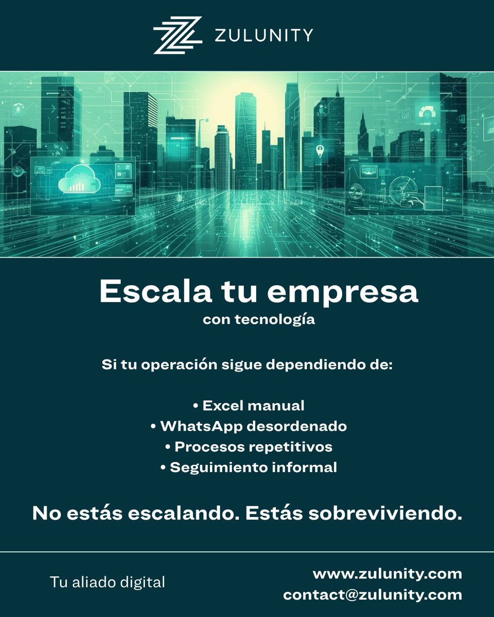 zulunity_mx's tweet photo. Si quieres crecer tu empresa, necesitas crecer tu área tecnológica.

No importa si vendes viajes, educación, servicios o productos físicos.

Si tu operación sigue dependiendo de:
• Excel manual
• WhatsApp desordenado
• Procesos repetitivos
• Seguimiento informal

No estás escalando. Estás sobreviviendo.

La tecnología no es gasto.
Es multiplicador de ingresos.

En Zulunity entramos como tu brazo tecnológico:
Convertimos procesos en sistemas.
Sistemas en eficiencia.
Eficiencia en dinero.

#TransformacionDigital
#CrecimientoEmpresarial
#TecnologiaParaNegocios
#Escalabilidad
#SistemasQueEscalan
#InnovacionEmpresarial