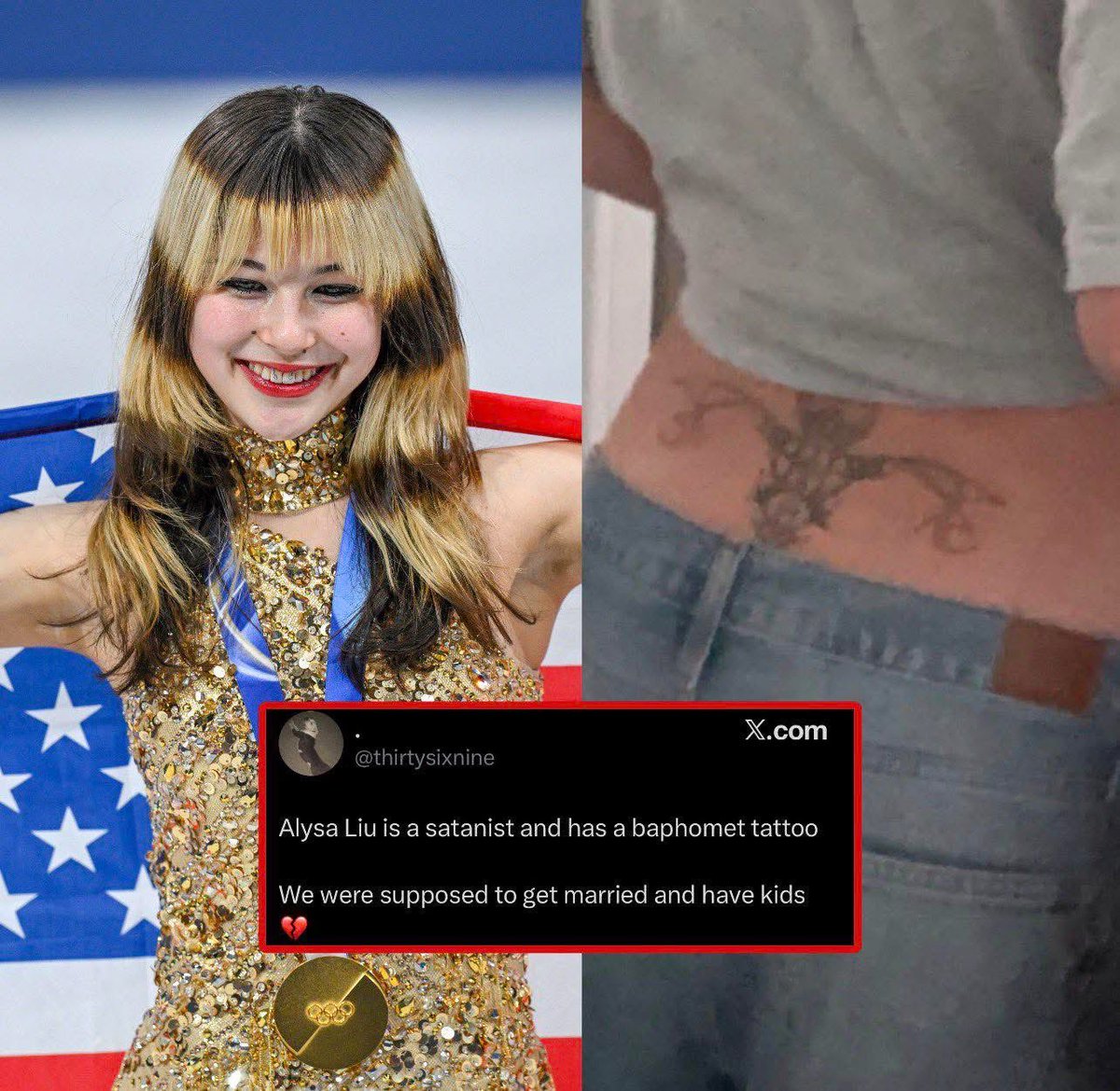 NotAvgLiberal's tweet photo. MAGA Republicans losing their shit over Alysa Liu’s lower back tatoo…

Yet they’re perfectly fine with Pete Hegseth’s White Supremacy tatoo.

Tells you everything you need to know about MAGA Republicans. https://t.co/lsDN8cIIPW