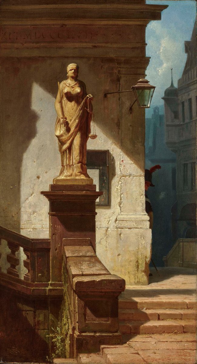 KaitiGarbi's tweet photo. Η «Justitia» (Το Μάτι του Νόμου) ζωγραφισμένη από τον Carl Spitzweg το 1857 είναι μια σατιρική ελαιογραφία που απεικονίζει μια ραγισμένη προτομή της Θεάς της Δικαιοσύνης με σπασμένη ζυγαριά υποδηλώνοντας την ανεπάρκεια της δικαιοσύνης. 

Αφήνω αυτό εδώ έτσι…γενικά… https://t.co/uUr3WvxOFx