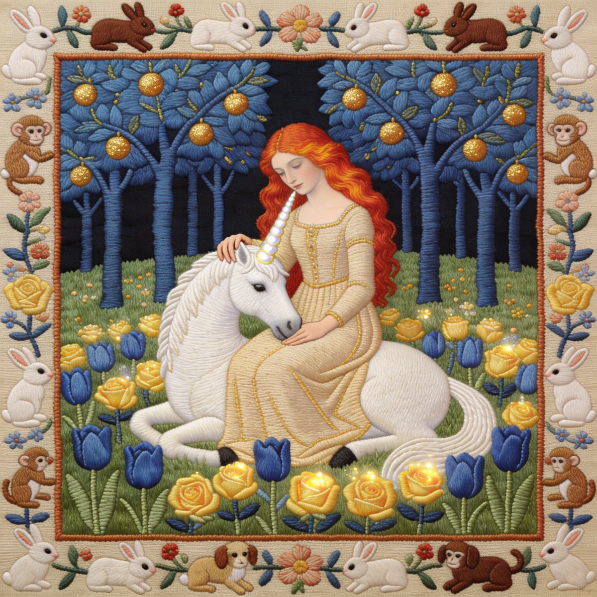 PromptSin's tweet image. Medieval tapestries wish they had this much serotonin. Thread work on those blue trees is hypnotic. 
Team Rabbit or Team Monkey? 🐰🐒 
#embroidery #textileart