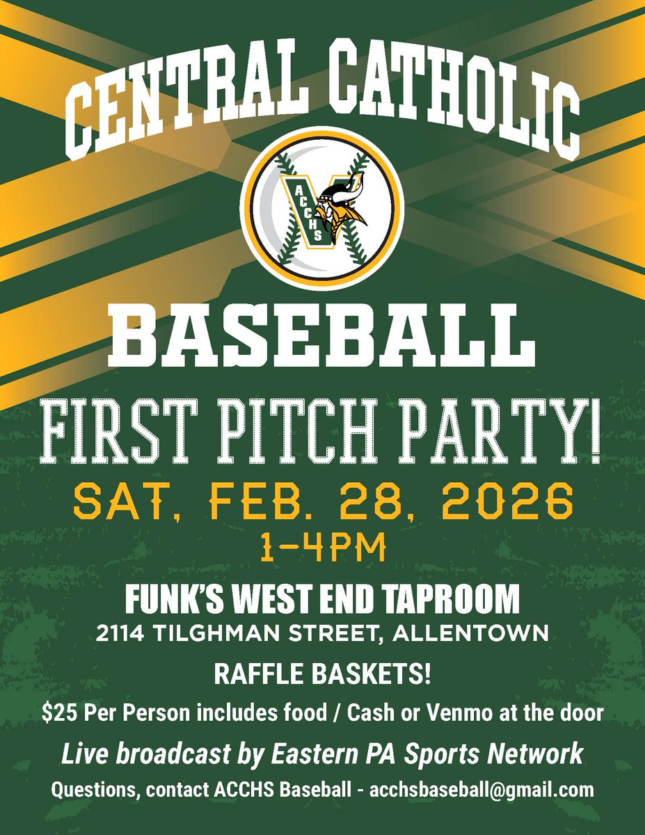acchs_baseball's tweet photo. Join us this Saturday for the annual First Pitch Party at Funk's West End Taproom from 1-4 pm. Also, listen live to players and coaches on Eastern PA Sports Network
https://t.co/O7RDqocw5u https://t.co/Wj5j7cgKZz