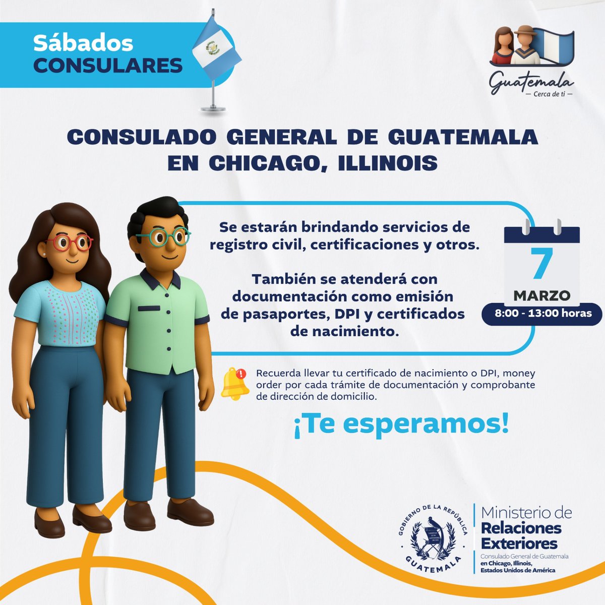 ConsGTChicago's tweet photo. ¡Atención connacionales!

Sábados Consulares SIN CITA. Te esperamos el proximo 7 de marzo de 2026, será un gusto atenderte.

#GuatemalaCercaDeTi https://t.co/DgJZ19OqQE