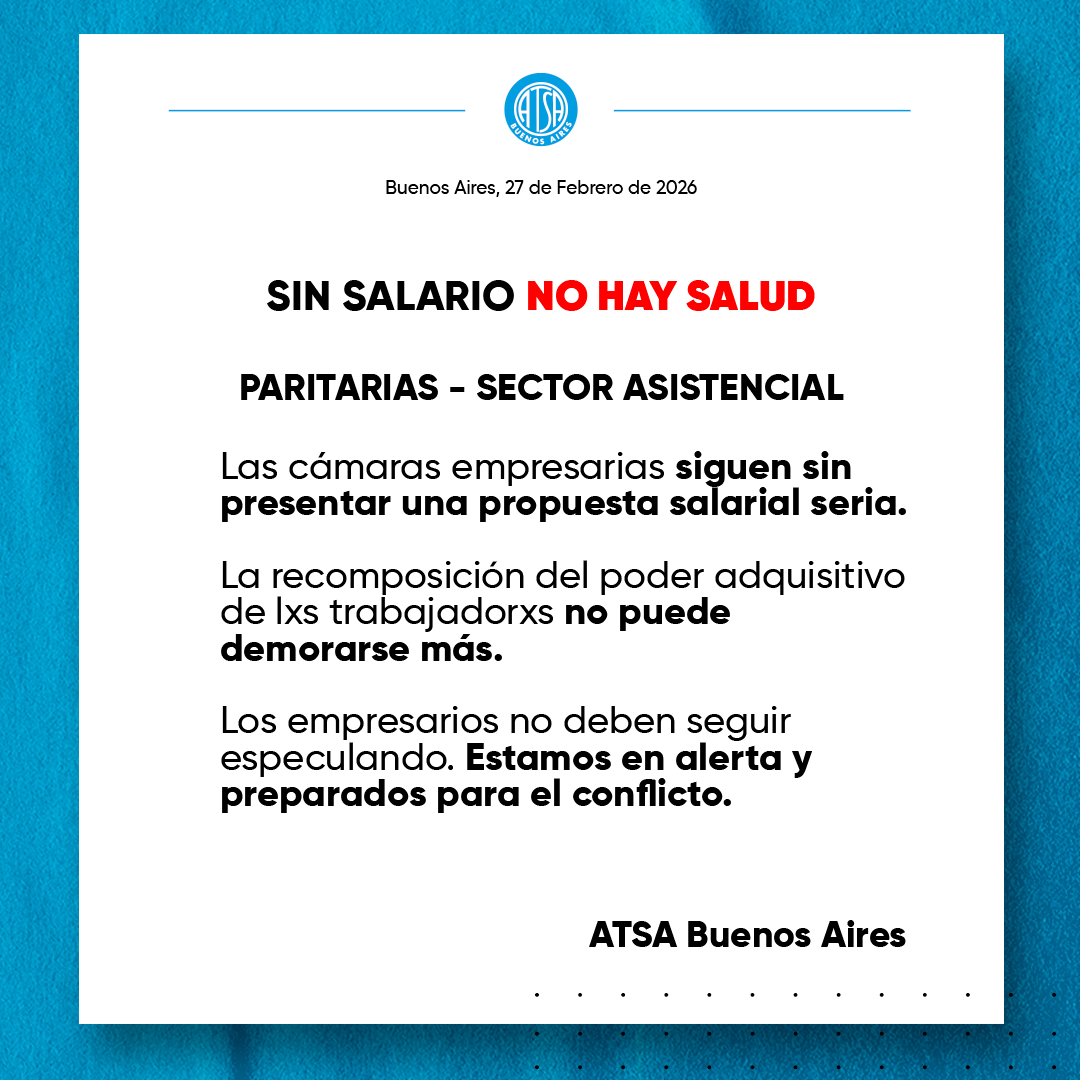 Las cámaras empresarias siguen sin presentar una propuesta salarial seria para el sector asistencial.
La recomposición del salario no puede esperar.
Estamos en alerta y preparados para el conflicto.
#SiempreJuntos