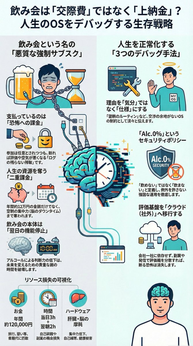 飲み会の参加費は「交際費」じゃない。「上納金」だ。

金曜夕方の「軽く行く？（任意参加ね〜）」という優しいUIの裏で動いている、同調圧力という名の悪質な強制サブスクについて。

断酒して気づいたんですが、飲み会で僕らが一番奪われてるのは金でも肝臓でもなく「翌朝の脳のダウンタイム」です。