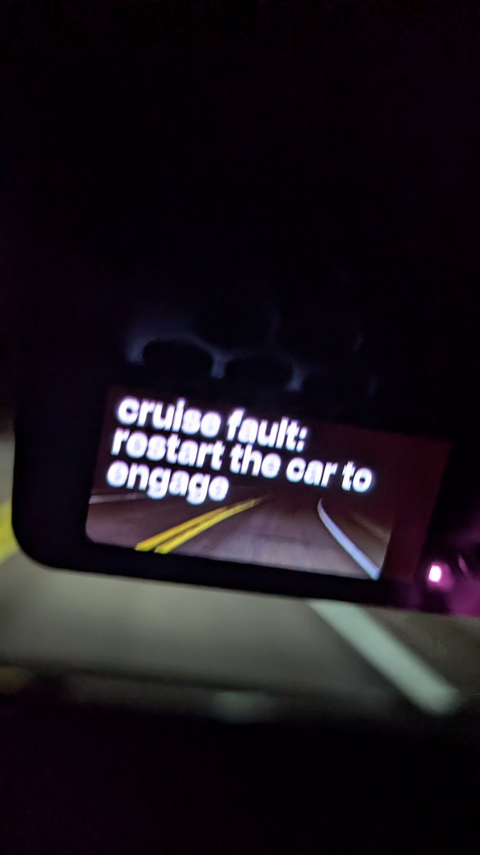 ANSR42's tweet photo. Had a weird glitch last night driving home in my Tesla with Sunnypilot running. Suddenly, the Comma screen flashed this message:
"cruise fault: restart the car to engage"
The car started beeping like crazy, alerts popped up demanding immediate takeover, and cruise control/ADAS features disabled. Tesla's alert screen showed:
DI_a124: Cruise control disabled (yellow warning) full functionality restored after a power cycle of the car and device.