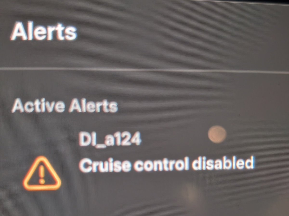 ANSR42's tweet photo. Had a weird glitch last night driving home in my Tesla with Sunnypilot running. Suddenly, the Comma screen flashed this message:
"cruise fault: restart the car to engage"
The car started beeping like crazy, alerts popped up demanding immediate takeover, and cruise control/ADAS features disabled. Tesla's alert screen showed:
DI_a124: Cruise control disabled (yellow warning) full functionality restored after a power cycle of the car and device.