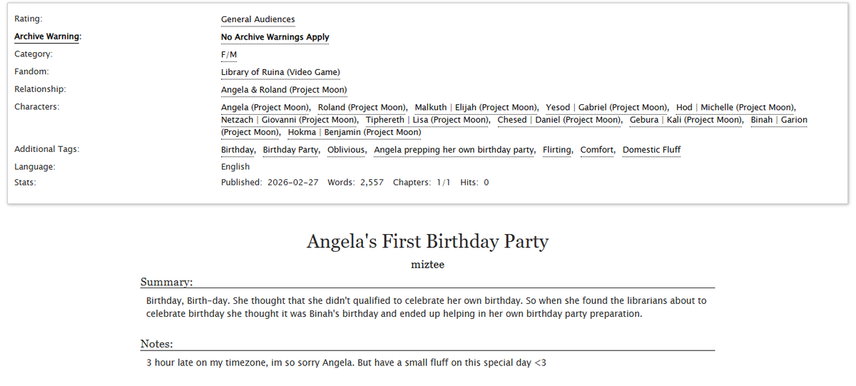_miztee's tweet photo. #rolangela fanfic on angela's birthday. late 3 hour but have this cute fic <3 #AngelaWeek #LibraryofRuina https://t.co/pNgRkSaomr