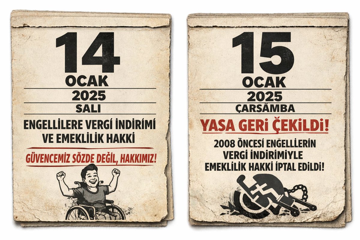 14 Ocak’ta umut vardı.
15 Ocak’ta belirsizlik…
Bir gün önce kazanılmış hak olarak görülen vergi indirimiyle emeklilik,
ertesi gün tartışmalı bir zemine çekildi.
Takvim yaprağı sadece 1 gün değişti.
Ama 2008 öncesi engelli çalışanların yıllardır kurduğu emeklilik hayali sarsıldı.