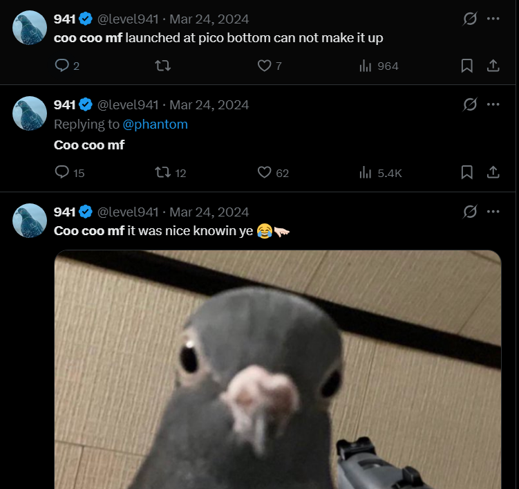 The Best Beta to Pigeon.

$PIGEON is at 10mil, and the only beta that makes sense is COO COO MF, which was Pigeons biggest meme behind him in 2024.

x.com/search?q=from%…

Hundreds of posts

He also pushed one on Raydium before Pumpfun existed, it makes sense to run it with