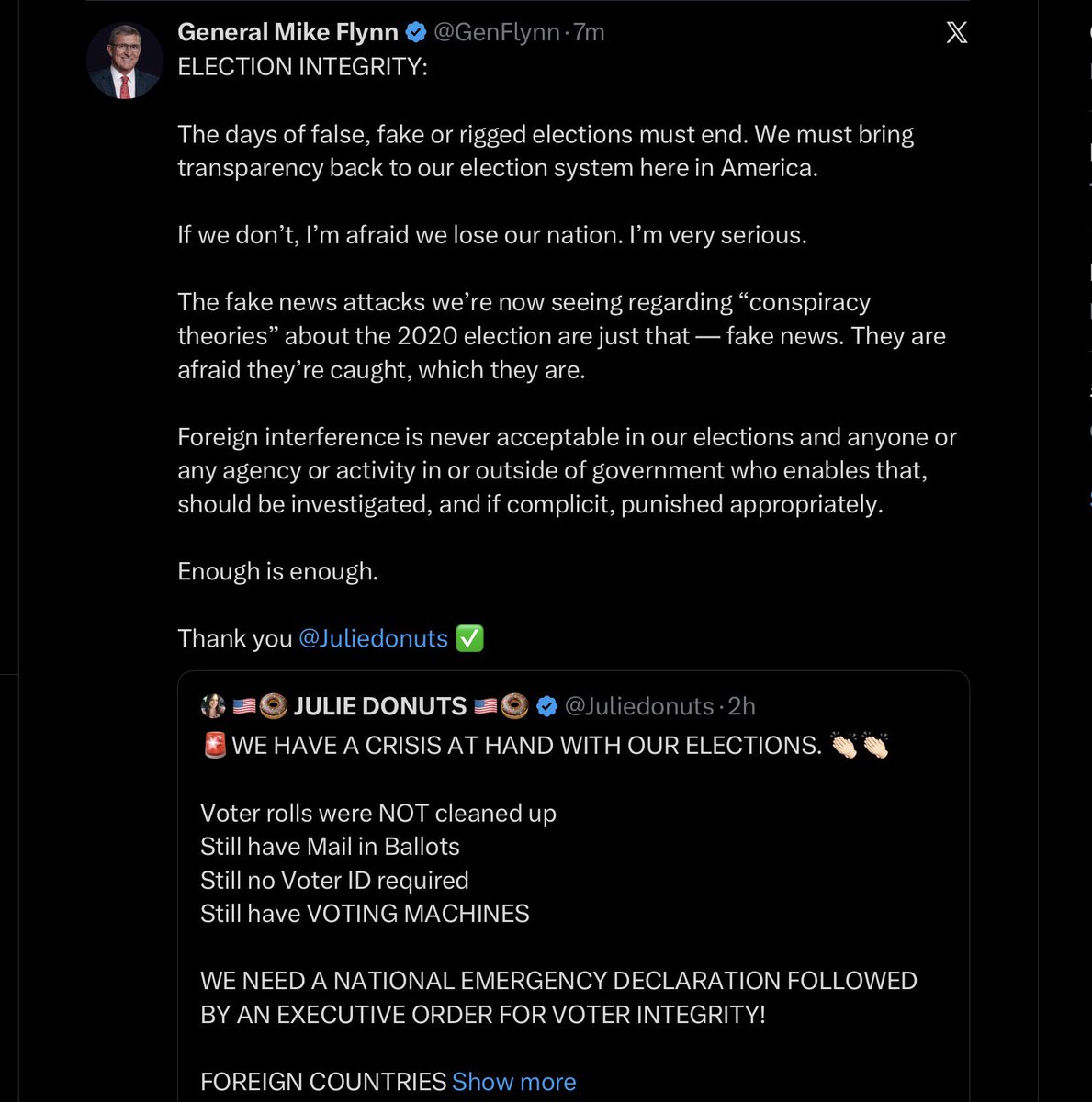 jimstewartson's tweet photo. BREAKING: Mike Flynn confirms that the plan is to use a national emergency to seize voting machines—on the fraudulent premise of “foreign interference.”

This is a replay of 2020. https://t.co/cZJyHkadDg