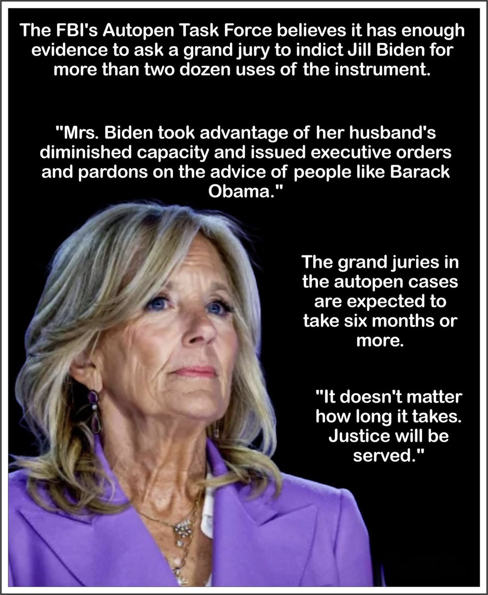 🚨 HOLY FUCKING SHIT 🚨

🔗 t.me/+bWjXP07v90xlY…

JILL BIDEN IS ABOUT TO GET BURIED ALIVE. 
The FBI’s Autopen Task Force just dropped the hammer — they’ve got IRON-CLAD evidence to drag her sorry ass in front of a grand jury for MORE THAN TWO DOZEN criminal uses of that