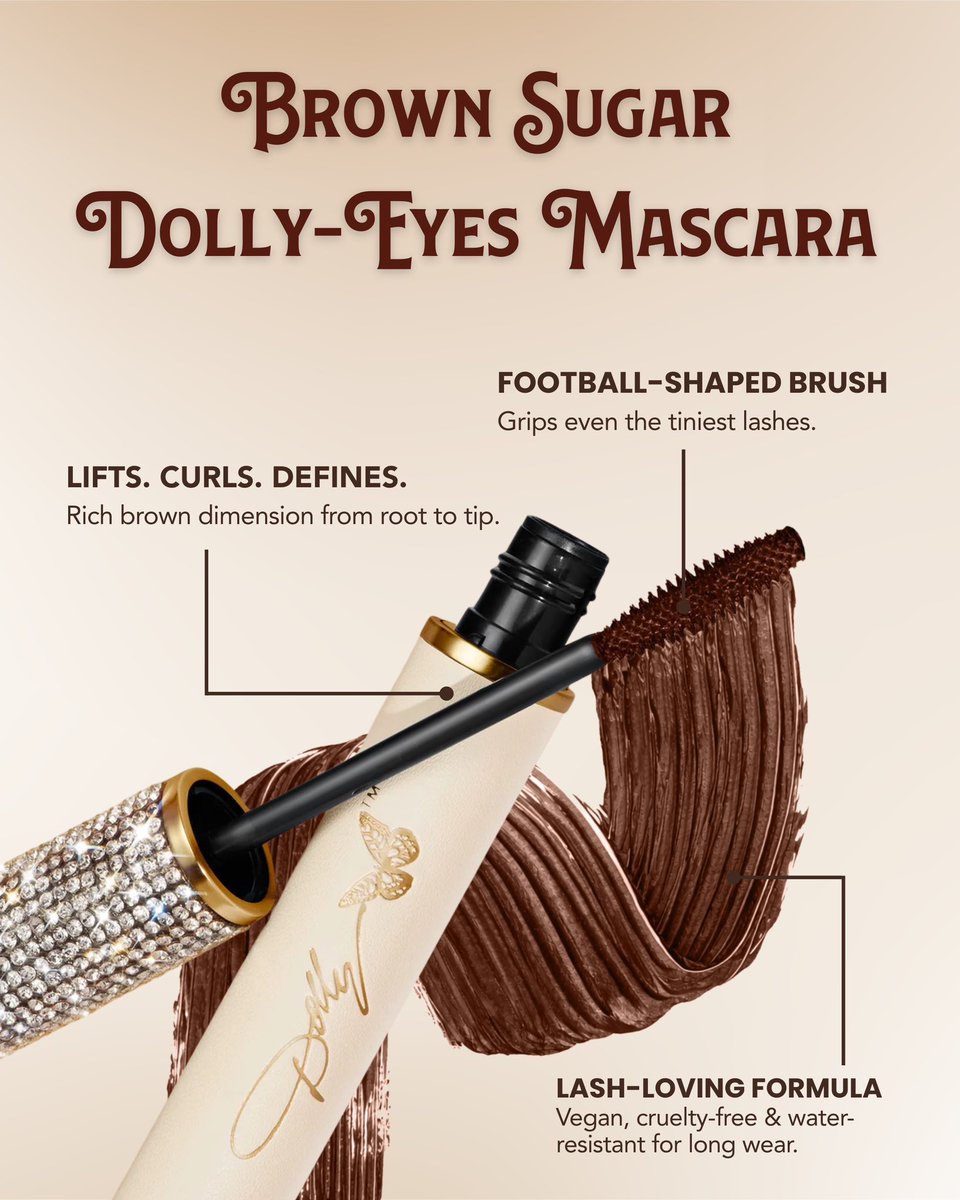 DollyParton's tweet image. Meet the Cream &amp;amp; Sugar Collection 🤎✨ From rich satin lips to high-definition eyes and lash-loving mascara, every formula is lightweight, buildable, vegan and cruelty-free. dolly.lnk.to/CreamAndSugarC…