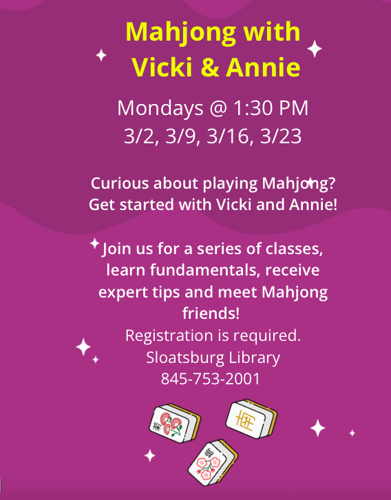 Play Mahjong on Mondays in March with Vicki and Annie!

Mondays in March at 1:30 PM locals Vicki and Annie will lead a mahjong class. Learn the game and meet Mahjong friends! 

Register here: sloatsburglibrary.libcal.com/event/16200090.

#sloatsburg #suffern #hillburn @sloatsburgchamber