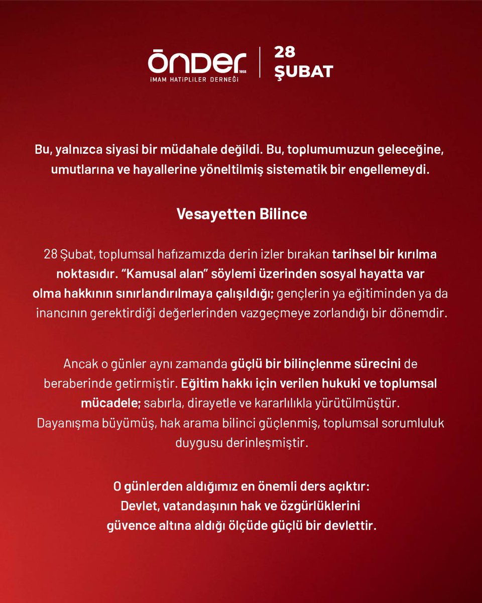 onderihl's tweet photo. 28 Şubat, Müslümanların değerlerine, inançlarına yönelik bir baskı dönemidir.
Başörtüsü yasağıyla, katsayı adaletsizliğiyle, hafızalarda kara dönem olarak kaldı. 

Bizler; hakkın ve adaletin yanında olmaya devam edeceğiz. 

Bunu bir iman sorumluluğu biliyoruz.

#28Şubat #Adalet #Hatırlıyoruz