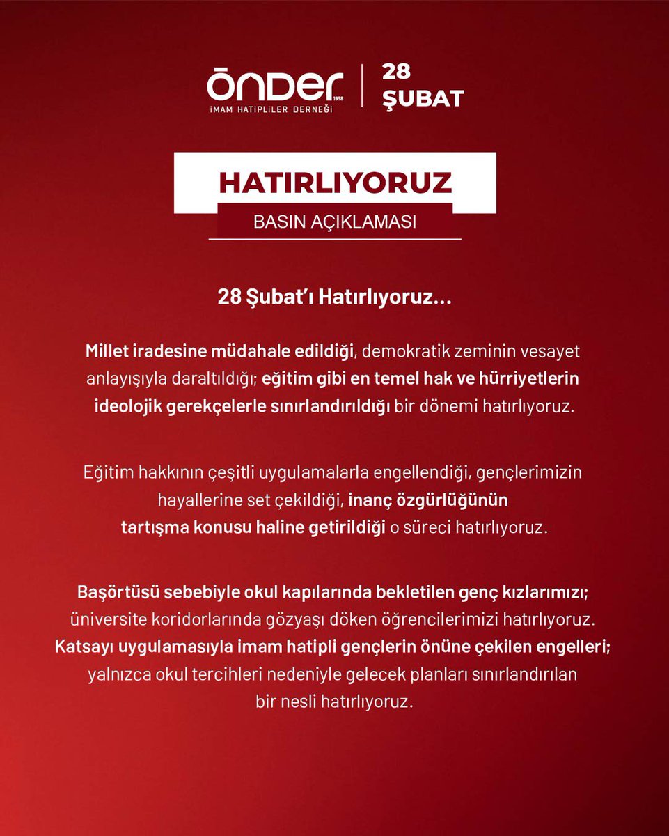 onderihl's tweet photo. 28 Şubat, Müslümanların değerlerine, inançlarına yönelik bir baskı dönemidir.
Başörtüsü yasağıyla, katsayı adaletsizliğiyle, hafızalarda kara dönem olarak kaldı. 

Bizler; hakkın ve adaletin yanında olmaya devam edeceğiz. 

Bunu bir iman sorumluluğu biliyoruz.

#28Şubat #Adalet #Hatırlıyoruz