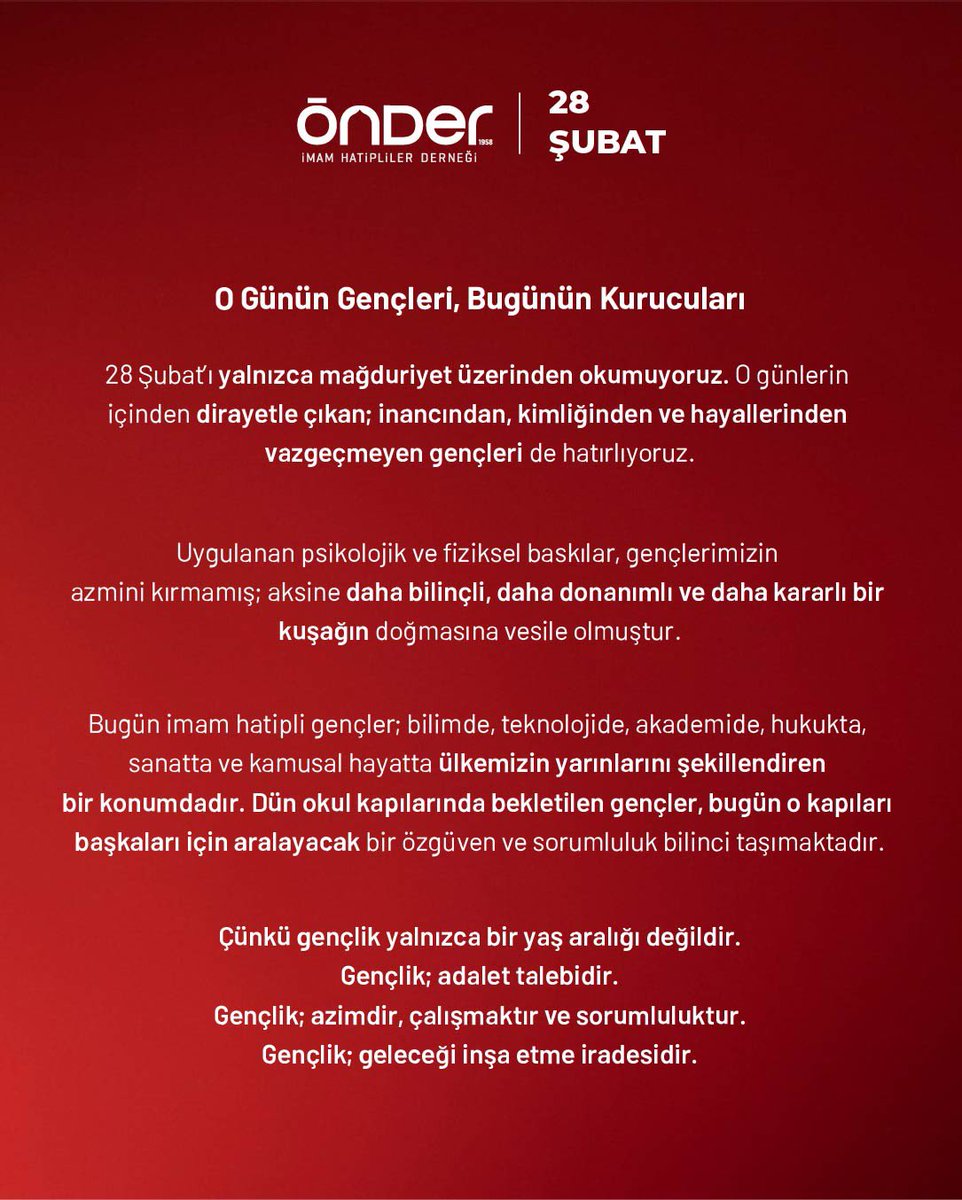 onderihl's tweet photo. 28 Şubat, Müslümanların değerlerine, inançlarına yönelik bir baskı dönemidir.
Başörtüsü yasağıyla, katsayı adaletsizliğiyle, hafızalarda kara dönem olarak kaldı. 

Bizler; hakkın ve adaletin yanında olmaya devam edeceğiz. 

Bunu bir iman sorumluluğu biliyoruz.

#28Şubat #Adalet #Hatırlıyoruz