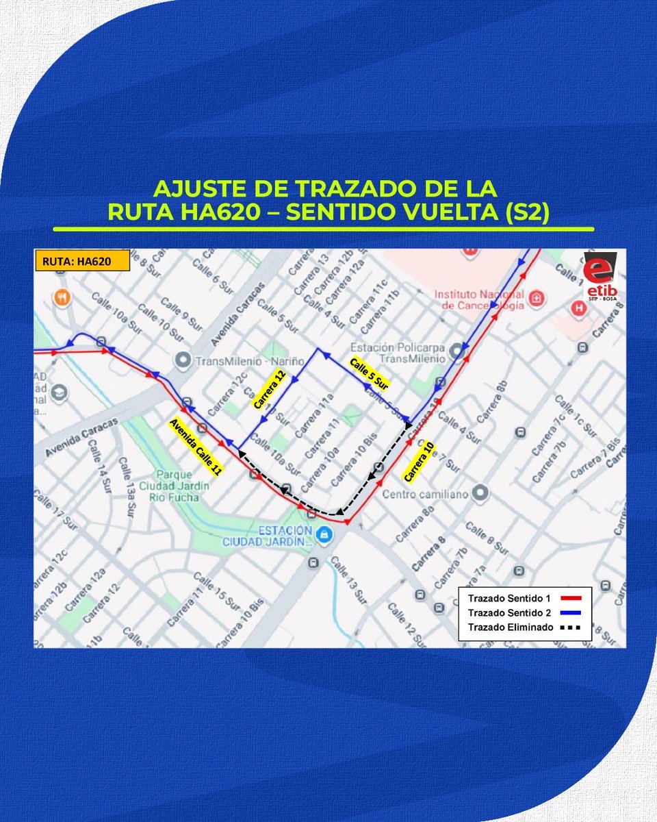 🚨 Atención usuarios

A partir del 27 de febrero de 2026, la ruta HA620 tendrá un ajuste en su recorrido en el sentido vuelta (S2) con el fin de mejorar la cobertura del servicio.